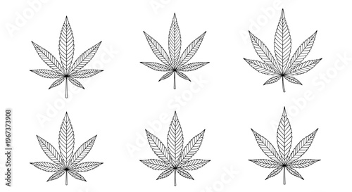 Collection of six hand-drawn cannabis sativa leaves in black and white sketch style isolated on a plain white background.