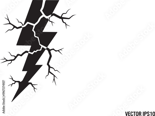 Black cracked lightning bolt with branching cracks on white background
