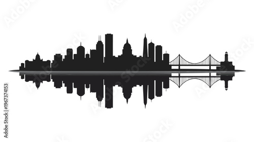 Dynamic black city skyline silhouette with reflective symmetrical urban architecture, embodying a modern metropolitan equalizer graphic design