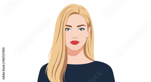 Clean and modern flat illustration portrait of a beautiful blonde woman with blue eyes and red lips looking forward.