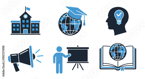 Education and global learning icons - Blue icon set - Modern style icon  - Glyph and solid icon set - Icon vector