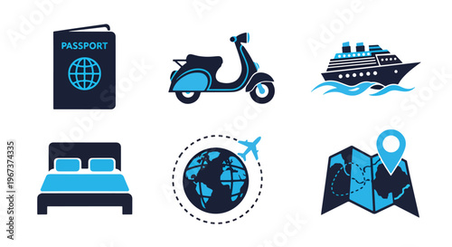 Travel and vacation planning vector set - Glyph solid icon - Editable modern style icon - Clipart, sticker - icon set - Clipart