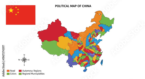 Colorful political map of China with legend for autonomous regions and municipalities, featuring a compass rose, isolated white background