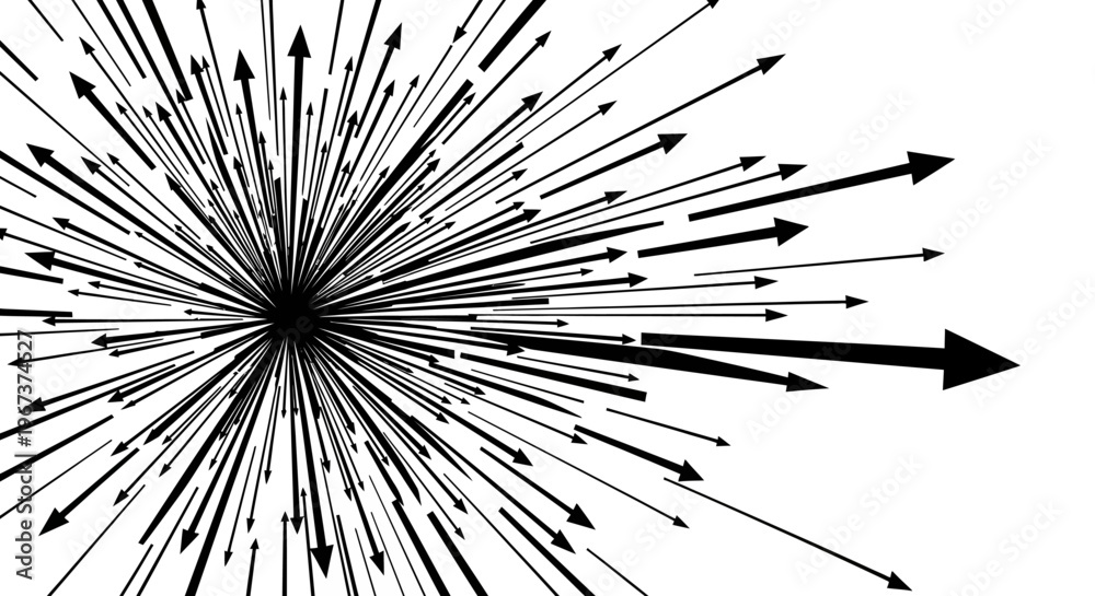 Obraz premium Abstract radial explosion of black arrows creating a starburst effect, isolated white background.
