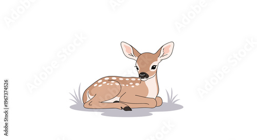 Adorable baby deer or fawn with white spots lying down in the grass in a sweet and gentle cartoon illustration.
