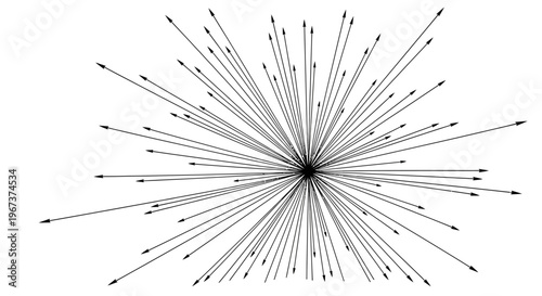 Dynamic radial explosion of black arrows moving outwards from a central point, isolated white background.