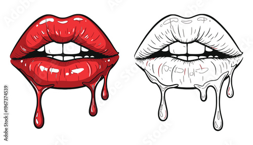 Lips vector illustration with red and black lipstick and dripping effect