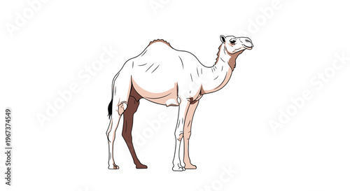 Majestic white dromedary camel standing in a side profile view in a detailed cartoon illustration with soft shading.