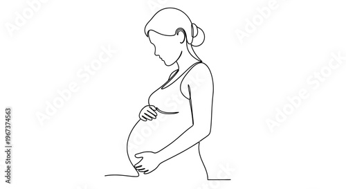 Serene pregnant woman lovingly touching her baby bump in a continuous line art style, isolated white background.