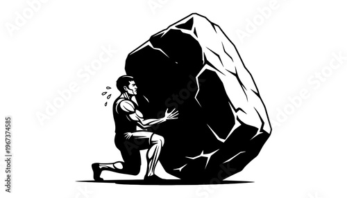 A man pushing a large rock in a black and white illustration