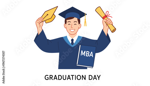 Graduation day with a happy MBA graduate in academic attire