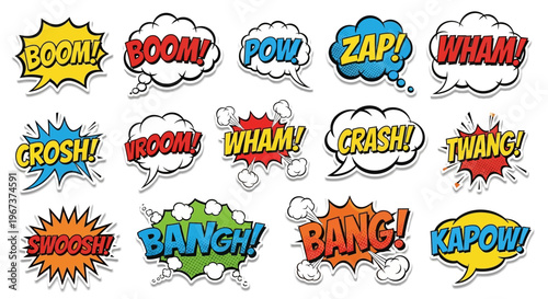 Vibrant collection of colorful comic speech bubbles and explosive sound effects, isolated white background.
