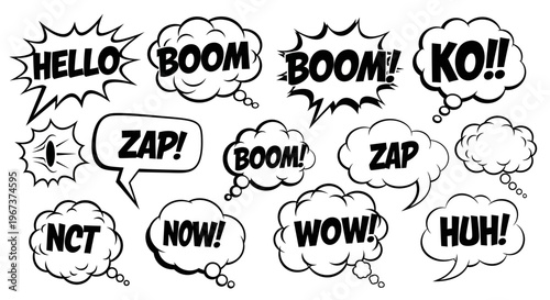Set of comic speech bubbles and sound effects in black and white, isolated white background.