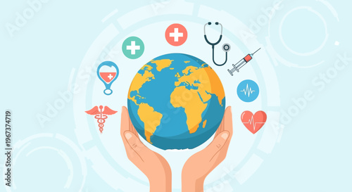 Caring hands holding the Earth with medical symbols, representing global health and wellness on a bright blue background.