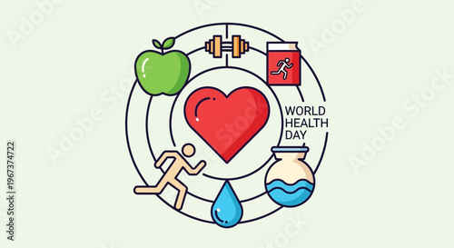 World Health Day concept with heart, healthy lifestyle icons, and medical symbols on a bright studio background.