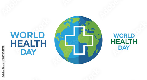 Globe with White Medical Cross Symbol, Representing Global Health for World Health Day on a Blue Background