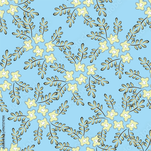 Seamless floral pattern, liberty ditsy print of mini plants in delicate pastel colors. Cute botanical design of tiny hand-drawn flowers and small leaves. Simple romantic pattern. Vector illustration.