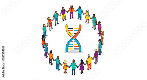 Diverse people holding hands in a harmonious circle around a DNA helix, symbolizing unity, genetic connection, and human solidarity on isolated white background