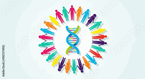 Diverse people standing in a vibrant circle around a colorful DNA helix, symbolizing human genetic diversity and global community, in bright studio