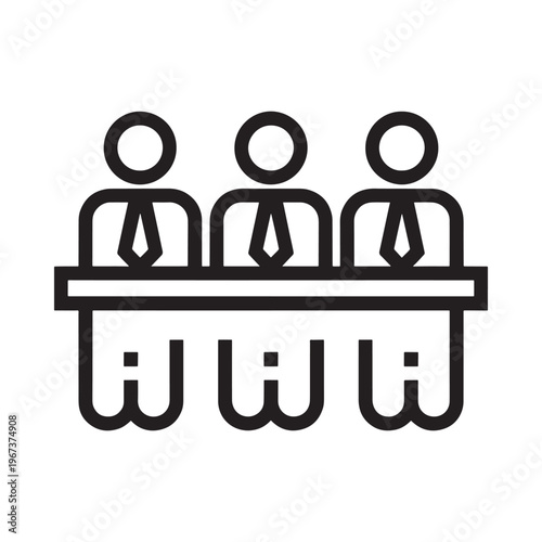 Simple black line drawing of three people seated behind a desk