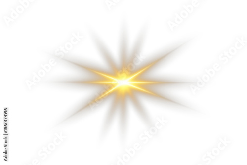 Bright Golden Starburst Lens Flare with Radiating Light Rays on Transparent Background