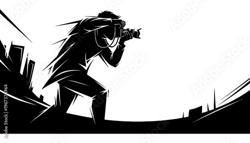 A photographer silhouette taking pictures in a cityscape at sunset