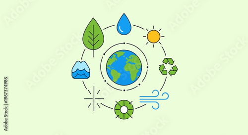 Earth Globe with Line Art Environmental Icons Representing Nature and Sustainability, in light green background.