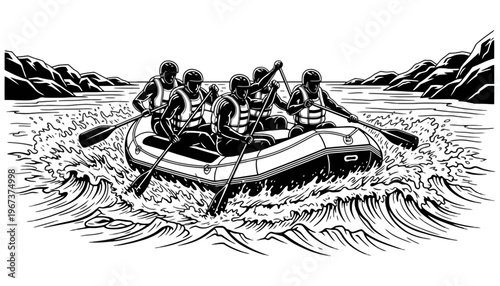 Rafting team navigating through rough waters in a black and white illustration