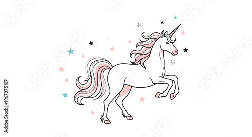 Graceful white unicorn prancing through a field of colorful stars with its flowing pink mane and tail on white background.