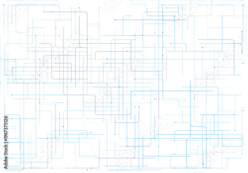 A complex circuit board design with blue lines and dots on a dark blue background representing technology and innovation