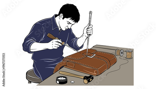 A craftsman working on a leather bag in his workshop carefully