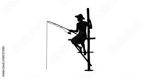 Silhouette of a traditional stilt fisherman patiently waiting by the water, capturing an iconic cultural scene in a minimalist design