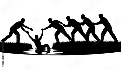Teamwork silhouette illustration of people helping each other across water