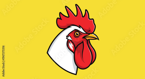 Vibrant mascot logo of a rooster head with a bright red comb and white feathers set against a solid yellow background.