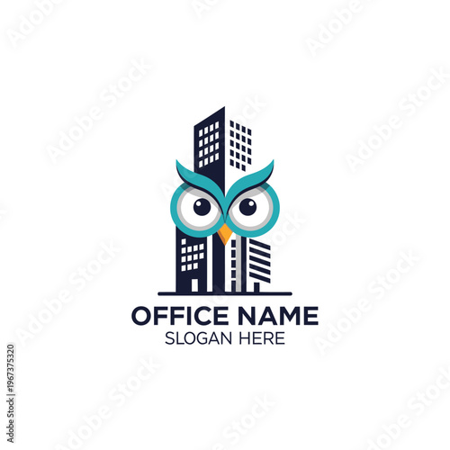 Colorful Wise Owl Face and Blue City Buildings Logo on Isolated White Background