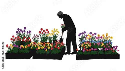 A flower silhouette illustration of a man gardening in colorful planters
