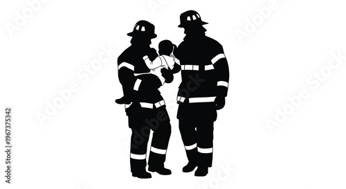 Firefighters with a baby a touching moment depicted in silhouette