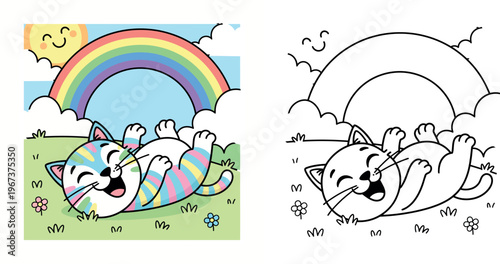 Adorable illustration of a joyful, colorful striped cat rolling in a sunny meadow under a rainbow