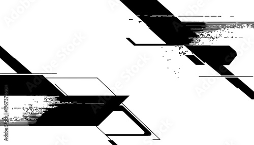 Glitch vector illustration with black and white abstract shapes and lines
