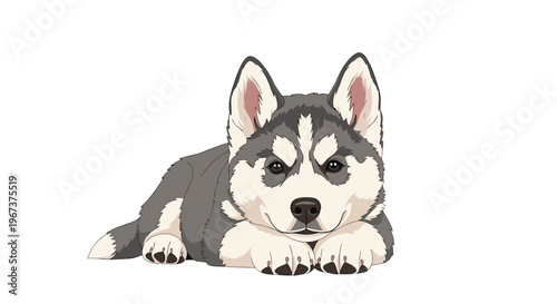 Adorable siberian husky puppy with blue eyes lying down comfortably on a white background in a sweet digital painting.