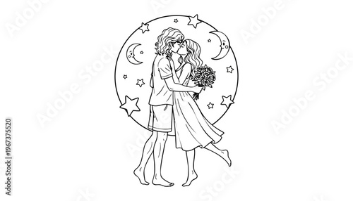 A loving couple embracing under a starry night sky illustration