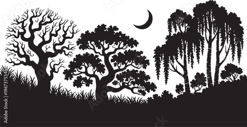 Forest trees silhouettes with moon crescent design element, natural landscape with foliage. Vector illustration