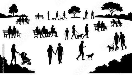 People silhouette illustration in a park with trees and benches