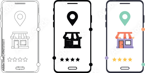 Mobile store locator icons on smartphone screens, local business map pin vector set, digital shop rating app interface