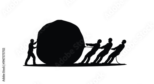 Four men straining to push a large boulder uphill silhouette
