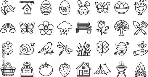 Spring Nature Icon Set with Flowers Animals Garden Elements Easter Symbols Picnic Camping and Outdoor Lifestyle Icons for Seasonal Design and UI