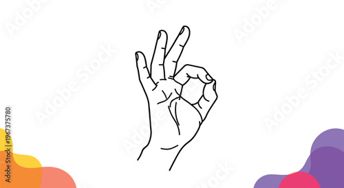 Minimalist black and white line drawing of a human hand making the universal ok or perfection sign against a plain white background.