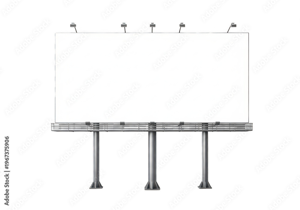 Fototapeta premium Large rectangular billboard structure with three metal support pillars and top mounted lighting