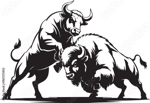 Funny cartoon vector illustration of a cute black and white bull isolated on a white background, featuring a stylized farm animal silhouette of a strong ox for livestock and agriculture art