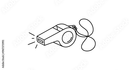 Simple black and white line drawing of a sports whistle attached to a looped string or lanyard on a white background.